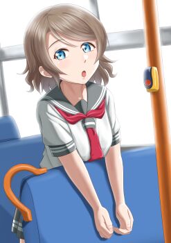 1girl :o blue_eyes brown_hair bus_interior commentary grey_sailor_collar highres leaning_on_object light_blush looking_at_viewer love_live! love_live!_sunshine!! medium_hair midori_mushi neckerchief open_mouth red_neckerchief sailor_collar school_uniform seat shirt short_sleeves single_bang solo standing summer_uniform swept_bangs uranohoshi_school_uniform watanabe_you white_shirt