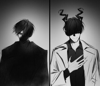 2boys black_coat black_hair black_shirt coat collared_shirt commentary demon_horns evil_smile greyscale hand_on_own_chest head_tilt highres horns kim_dokja looking_at_viewer male_focus monochrome multiple_boys narrowed_eyes omniscient_reader&#039;s_viewpoint open_clothes open_coat partially_shaded_face plu_awk shirt short_hair smile split_screen symbol-only_commentary white_coat yoo_joonghyuk