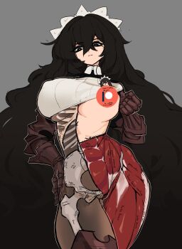 1girl absurdres anatomical_model anatomy armor black_eyes black_hair boots breasts centurii-chan clothes_lift commentary cut-here_line english_commentary executioner_maid_(centurii-chan) exposed_muscle gauntlets grey_background hand_on_own_hip highres label large_breasts long_hair looking_at_viewer maid maid_headdress muscular muscular_female no_panties original patreon_logo patreon_logo_censor shirt_lift skeleton thigh_boots underboob very_long_hair
