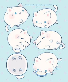 :< :3 :d animal animal_focus artist_name ayu_(mog) blue_background blue_eyes bowl cat closed_eyes closed_mouth commentary english_commentary multiple_views no_humans open_mouth original pet_bowl signature simple_background smile watermark