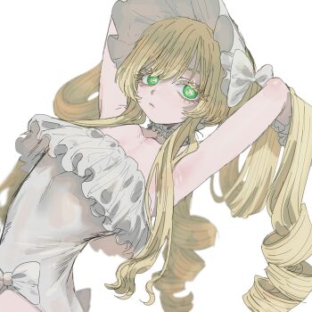 1girl armpits arms_up blonde_hair bow closed_mouth commentary_request dei_matsuri dr.k_(doctorkodok) dress drill_hair flower-shaped_pupils frills green_eyes highres kimi_no_koto_ga_dai_dai_dai_dai_daisuki_na_100-nin_no_kanojo long_hair looking_at_viewer sidelocks simple_background solo symbol-shaped_pupils two_side_up white_background white_dress