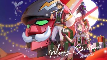 2boys 2girls bare_shoulders black_gloves blush bodysuit boots brown_hair colored_skin cowlick creature dated dress fake_facial_hair fake_mustache fingerless_gloves fire_valkyrie fur-trimmed_headwear fur_trim gavil gift glasses gloves green_eyes green_skin guvava hair_behind_ear hat highres holding holding_creature jacket long_hair long_pointy_ears looking_at_viewer macross macross_7 mecha merry_christmas moon multiple_boys multiple_girls mylene_jenius nekki_basara nekkikamille night night_sky on_mecha one_eye_closed one_side_up open_mouth pants parted_lips pink_hair pointy_ears purple_bodysuit purple_hair red_dress red_footwear red_hat red_jacket robot santa_hat short_hair sitting sivil sky smile strapless strapless_dress variable_fighter very_long_hair white_pants