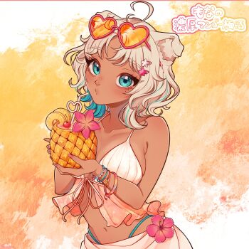 1girl ahoge animal_ear_fluff animal_ears aqua_eyes aqua_streaks artist_request bikini blonde_hair breasts cherry closed_mouth collarbone commentary_request cowboy_shot dark-skinned_female dark_skin dog_ears dog_girl drink drinking_straw eyewear_on_head flower food fruit hair_ornament hairclip heart heart-shaped_eyewear highres indie_virtual_youtuber looking_at_viewer medium_breasts mole mole_under_eye mona_meria multicolored_hair nose orange-tinted_eyewear orange_background parallel_hairclips parted_bangs pineapple pineapple_slice pink_flower second-party_source short_hair solo streaked_hair sunglasses swimsuit tinted_eyewear virtual_youtuber white_bikini