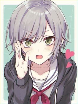 Rule 34 | 1girl, black jacket, blush, breasts, collarbone, commentary, drawstring, green background, green eyes, grey hair, grey shirt, hair between eyes, hand to own mouth, hand up, heart, highres, hinomori shiho, hood, hood down, hooded jacket, jacket, long sleeves, looking at viewer, medium breasts, michikake, miyamasuzaka girls' academy school uniform, neckerchief, open clothes, open jacket, open mouth, project sekai, red neckerchief, sailor collar, school uniform, shirt, short hair, solo, straight-on, twitter username, untranslatable commentary, upper body, v-shaped eyebrows, watermark, white sailor collar