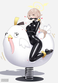 1girl absurdres ball_gag black_bodysuit blue_archive bodysuit bondage_mittens breasts brown_hair gag gagged gimp_suit hair_ornament halo heart hifumi_(blue_archive) highres impossible_bodysuit impossible_clothes latex latex_bodysuit long_hair low_twintails maguro27 medium_breasts peroro_(blue_archive) restrained sex_machine skin_tight solo spring_rider stationary_restraints twintails very_long_hair wing_hair_ornament winged_halo yellow_eyes yellow_halo