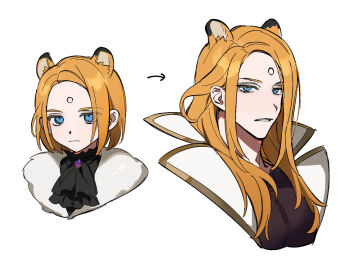1boy aged_down alternate_hair_length alternate_hairstyle animal_ears arrow_(symbol) ascot black_ascot blonde_hair blue_eyes brooch chinese_commentary commentary_request cropped_torso expressionless final_fantasy final_fantasy_xiv fur_trim garlean gem jewelry kemonomimi_mode long_hair looking_at_viewer male_focus multiple_views parted_lips portrait purple_gemstone sequential short_hair simple_background third_eye tiger_ears white_background wuliu_heihuo zenos_yae_galvus