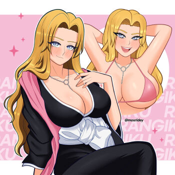 1girl 2023 arms_behind_head artist_name bikini bikini_top_only bleach blonde_hair blue_eyes breasts chain chain_necklace female_focus japanese_clothes jewelry large_breasts light_blush matsumoto_rangiku moxridey necklace open_mouth pink_shawl shawl shihakusho shiny_skin sitting swimsuit