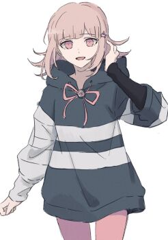 Rule 34 | 1girl, :d, alternate costume, black hoodie, brown hair, cowboy shot, danganronpa (series), danganronpa 2: goodbye despair, flipped hair, grey hoodie, hair ornament, hood, hoodie, long sleeves, looking at viewer, medium hair, nanami chiaki, neck ribbon, open mouth, pink eyes, pink ribbon, ribbon, sho (molo bht), simple background, smile, solo, white background