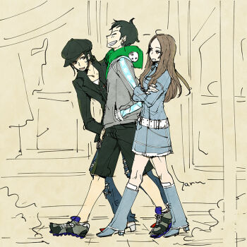 Rule 34 | 1girl, 2boys, black hat, black jacket, black shorts, blue dress, boots, brown eyes, brown hair, closed eyes, crossed arms, demi-fiend, denim, denim boots, denim dress, dress, full body, green hoodie, hand in pocket, haruhashi, hat, hood, hoodie, jacket, jacket over hoodie, jeans, long hair, multiple boys, nitta isamu, pants, shin megami tensei, shin megami tensei iii: nocturne, shoes, shorts, simple background, smile, sneakers, sweatdrop, tachibana chiaki (megami tensei), torn clothes, torn jeans, torn pants, walking, yellow background