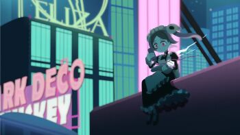 1girl absurdres apron bloody_marie_(skullgirls) brooch building dress english_text frilled_apron frilled_dress frills grey_hair hair_ornament highres hot_dog jewelry ketchup ketchup_bottle kuroirozuki looking_down maid_headdress neon_lights outdoors red_eyes sitting skull_hair_ornament skullgirls skyscraper solo twintails wind