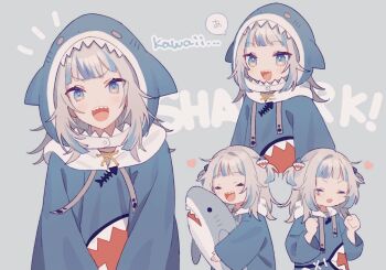 1girl :d a_(phrase) blue_eyes blue_hair blue_hoodie clenched_teeth commentary drawstring english_text gawr_gura gawr_gura_(1st_costume) happy hololive hololive_english hood hoodie long_sleeves mixed-language_text moo_n_moko multicolored_hair multiple_views notice_lines open_mouth shark_print sharp_teeth smile speech_bubble streaked_hair stuffed_animal stuffed_shark stuffed_toy teeth teeth_print two_side_up virtual_youtuber white_hair