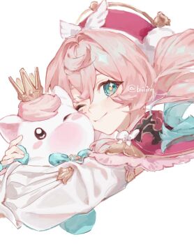 Rule 34 | 1girl, animal, animal ears, boioioq, closed mouth, commentary, crown, green hair, highres, honkai: star rail, honkai (series), hyacine (honkai: star rail), little ica (honkai: star rail), looking at viewer, multicolored hair, pet, pink hair, simple background, symbol-only commentary, watermark, white background