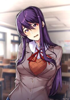 1girl arms_behind_back blazer blue_skirt breasts collared_shirt commentary contrapposto cowboy_shot doki_doki_literature_club doki_doki_literature_club_school_uniform english_commentary hair_between_eyes head_tilt highres jacket long_hair long_sidelocks looking_at_viewer neck_ribbon open_mouth plaid_clothes plaid_vest purple_eyes purple_hair ribbon school_uniform shirt sidelocks skirt solo storm_blaze vest white_shirt yuri_(doki_doki_literature_club)
