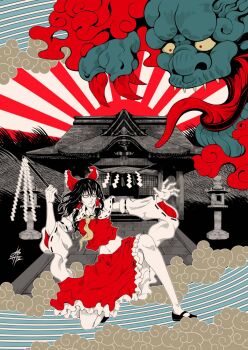 1girl 1other architecture ascot black_hair black_shoes bow detached_sleeves east_asian_architecture fine_art_parody frilled_bow frilled_hair_tubes frilled_skirt frills gohei hair_bow hair_tubes hakurei_reimu highres limited_palette long_hair long_tongue navel nihonga on_one_knee outdoors parody red_bow red_skirt ribbon-trimmed_sleeves ribbon_trim rope shide shimenawa shoes shrine skirt skirt_set stone_lantern sunburst tongue touhou traditional_youkai ukiyo-e xiangyun yamada_satoshi yellow_ascot