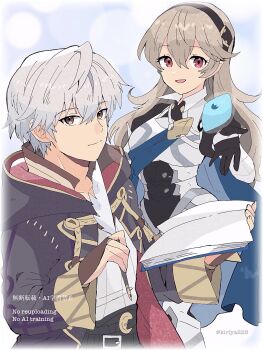 1boy 1girl :d black_gloves black_hairband black_robe book breasts bridal_gauntlets brown_bridal_gauntlets brown_eyes closed_mouth female_corrin_(fire_emblem) fire_emblem fire_emblem_awakening fire_emblem_fates gloves grey_hair hair_between_eyes hairband highres holding holding_book holding_quill hooded_robe kiriya_(552260) long_hair male_focus male_robin_(fire_emblem) nintendo open_book open_clothes open_mouth open_robe pointy_ears quill red_eyes robe short_hair small_breasts smile white_hair