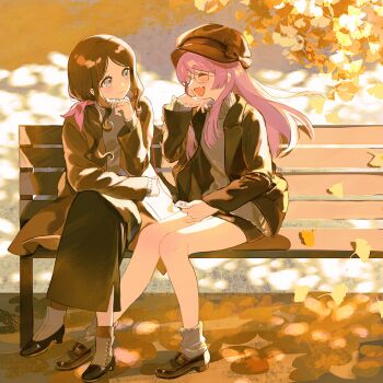 Rule 34 | 2girls, autumn leaves, bang dream!, bang dream! it's mygo!!!!!, bare legs, bench, black jacket, black skirt, blush, brown coat, brown hair, brown hat, brown shoes, chihaya anon, closed eyes, closed mouth, coat, commentary, earphones, fang, glasses, grey eyes, grey sweater, hair ribbon, hat, highres, jacket, leaf, long hair, looking at another, multiple girls, nagasaki soyo, on bench, open mouth, outdoors, park bench, pink hair, pink ribbon, ribbon, shared earphones, shoes, sitting, skirt, smile, socks, sweater, turtleneck, turtleneck sweater, white socks, yayako (804907150), yuri