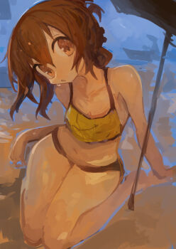 1girl absurdres alternate_costume barefoot bikini bikini_bottom_only black_bikini brown_eyes brown_hair camisole commentary_request folded_ponytail highres inazuma_(kancolle) kaamin_(mariarose753) kantai_collection kneeling looking_at_viewer parted_lips ponytail sitting solo sweat swimsuit thighs yellow_camisole