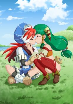 Rule 34 | 1boy, 1girl, absurdres, closed eyes, commission, commissioner upload, feena (grandia), good end, grandia, grandia i, grass, green hair, hand on another's face, highres, justin (grandia), kiss, non-web source, on ground, orange hair, pouch, the dark mangaka
