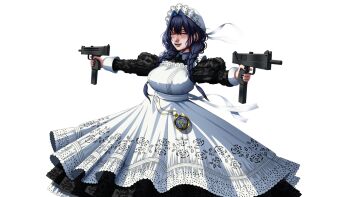 1girl apron black_dress black_hair blackcapbandit braid breasts casing_ejection closed_eyes dress dual_wielding firing gun hat highres holding holding_gun holding_weapon hololive hololive_english large_breasts long_hair low_twin_braids mac-10/11 maid_apron mob_cap muzzle_flash official_alternate_costume official_alternate_hairstyle open_mouth ouro_kronii ouro_kronii_(maid) outstretched_arms pocket_watch shell_casing simple_background solo submachine_gun twin_braids virtual_youtuber watch weapon white_apron white_background