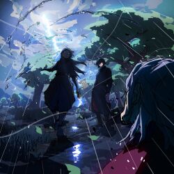1girl 2boys absurdres angry avatar:_the_last_airbender avatar_legends black_hair blue_eyes brown_hair cloud cloudy_sky dark-skinned_female dark_skin fingerless_gloves gloves highres katara lightning long_hair looking_at_another multiple_boys outdoors rain signature sky trashcanarts tree water yon_rha zuko