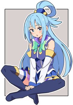 1girl :o aqua_(konosuba) blue_boots blue_eyes blue_hair blush boots border bow bowtie breasts commentary_request detached_sleeves green_bow green_bowtie hair_between_eyes hair_ornament hair_rings highres kono_subarashii_sekai_ni_shukufuku_wo! long_hair looking_at_viewer medium_breasts noyama_takenoko open_mouth outside_border single_hair_ring solo sphere_hair_ornament thighhighs thighhighs_under_boots white_border white_thighhighs