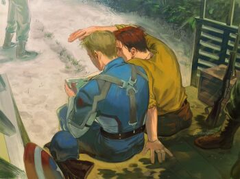 4boys armor blonde_hair blue_pants blue_shirt boots brown_boots brown_hair brown_pants bucky_barnes captain_america captain_america&#039;s_shield captain_america_(series) gun hashtag-only_commentary helmet male_focus maolegem marvel multiple_boys pants rifle shading_eyes shield shirt shoulder_armor sitting steve_rogers superhero_costume suspenders unworn_headwear unworn_helmet weapon yellow_shirt