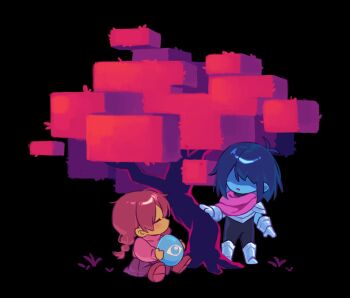 1girl 1other armor armored_boots black_background blue_hair blue_skin boots braid brown_hair brown_shoes closed_eyes colored_skin commentary crossover deltarune egg english_commentary gaida highres holding holding_egg kris_(dark_world)_(deltarune) kris_(deltarune) long_hair madotsuki open_mouth partially_shaded_face pink_scarf pink_sweater scarf shoes short_hair sitting skirt sweater tree twin_braids utdr_(toby_fox) yellow_skin yume_nikki