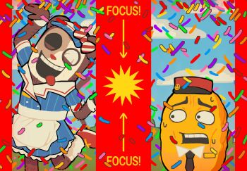 apron black_eyes black_necktie blue_dress chicken_nuggets confetti dancing detached_collar dress english_text gegagedigedagedago_(meme) gravyeater14 hat heterochromia highres max_design_pro meme mesmerizer_(vocaloid) monkey necktie red_footwear red_hat scared shoes socks sweatdrop tongue tongue_out what white_apron wrist_cuffs