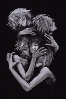 5boys black_background black_hair body_horror clone grey_hair hashtag-only_commentary highres ikari_shinji male_focus multiple_boys nagisa_kaworu neon_genesis_evangelion red_eyes short_hair simple_background skinny zhiwukafuka