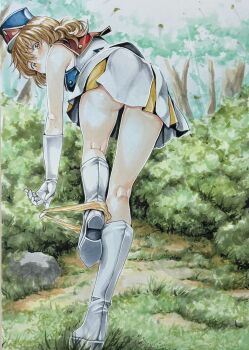 1girl absurdres ass blush boots brown_eyes embarrassed gloves hat hibike!_euphonium highres katsu_(24791909) kneepits looking_back marker_(medium) medium_hair oumae_kumiko panties panty_pull skirt solo standing standing_on_one_leg thighs traditional_media underwear white_boots white_gloves