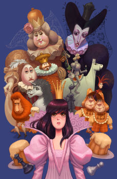 3girls 6+boys absurdres alice&#039;s_adventures_in_wonderland alice_(alice_in_wonderland) ascot black_dress black_hair blue_eyes brown_eyes brown_hair cake chess_piece crown dress egg eyelashes facial_hair flower food goatee hair_flower hair_ornament highres holding holding_polearm holding_weapon horse humpty_dumpty jester juliet_sleeves king knight lion long_hair long_sleeves medium_hair multiple_boys multiple_girls mustache pawn_(chess) pink_dress pink_flower pink_rose polearm puffy_sleeves purple_eyes queen queen_(chess) rose sealson siblings smile spear the_joker_(alice_in_wonderland) the_lion_(alice_in_wonderland) the_red_knight_(alice_in_wonderland) the_red_queen_(alice_in_wonderland) the_unicorn_(alice_in_wonderland) the_white_king_(alice_in_wonderland) the_white_knight_(alice_in_wonderland) the_white_queen_(alice_in_wonderland) tweedledee_(alice_in_wonderland) tweedledum_(alice_in_wonderland) twins unicorn weapon yellow_dress