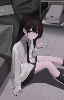 1girl apple_inc. bed black_footwear black_hair black_nails black_necktie black_socks box buttons cardboard_box computer hand_on_floor highres indoors kit laptop long_hair long_sleeves looking_at_viewer multicolored_hair nail_polish necktie on_floor original red_eyes red_hair school_uniform socks solo streaked_hair tongue tongue_out two-tone_hair v