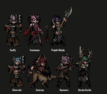 ahoge animal_ears antlers bandaid bandaid_on_face bandaid_on_nose breasts cat_ears cat_girl cat_ornament commentary cosplay crusader_(darkest_dungeon) darkest_dungeon deer_ears dragon_girl dragon_horns english_commentary flagellant_(darkest_dungeon) green_hair hair_ornament haruka_karibu heart hellion_(darkest_dungeon) highres highwayman_(darkest_dungeon) horns houndmaster_(darkest_dungeon) indie_virtual_youtuber ironmouse large_breasts long_hair marvin_seo melody_(projektmelody) multicolored_hair nyatasha_nyanners pink_hair purple_hair raccoon_ears raccoon_girl red_hair reindeer_antlers reindeer_girl silvervale smile snuffy_(vtuber) streaked_hair vestal_(darkest_dungeon) virtual_youtuber wolf_ears wolf_girl zentreya zentreya_(dragon)