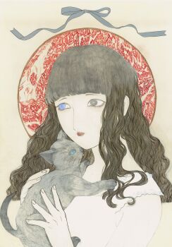 Rule 34 | 1girl, animal, babyloncafe, black eyes, black hair, blue eyes, blunt bangs, cat, commentary request, eyelashes, hands up, heterochromia, highres, holding, holding animal, lips, long hair, looking to the side, original, parted lips, portrait, red lips, ribbon, sleeveless, wavy hair