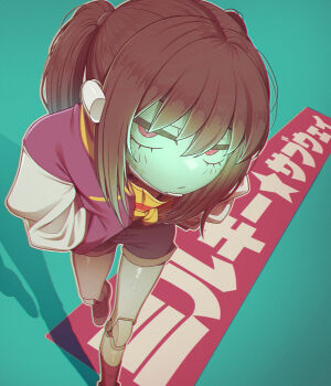 1girl absurdres android blue_shorts brown_hair closed_mouth commentary_request highres jacket kurusu_makina_(milky_galactic_universe) letterman_jacket looking_at_viewer milky_subway misg1111 pink_eyes pink_hair purple_jacket shorts solo twintails