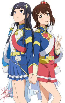 2girls aiguillette aijou_karen aijou_karen_(cosplay) back-to-back black_hair blue_eyes blue_jacket blue_skirt brown_eyes brown_hair closed_mouth cosplay crown epaulettes hair_ornament hairclip hand_up holding_hands idolmaster idolmaster_million_live! jacket kagura_hikari kagura_hikari_(cosplay) kasuga_mirai long_hair long_sleeves looking_at_viewer mini_crown mogami_shizuka multiple_girls one_side_up open_mouth pleated_skirt red_sash red_skirt sash short_hair shoujo_kageki_revue_starlight shoulder_sash simple_background skirt smile standing taku1122 v white_background white_sash