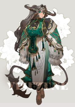 1girl adoptable animal_ears artist_name belt breasts brown_shoes commentary_request cow_ears cow_girl cow_tail dress eyelashes full_body green_dress green_eyes grey_background grey_hair grey_horns grey_tail highres horns huge_breasts jewelry long_hair looking_at_viewer mole mole_under_mouth original parted_lips shoes sleeves_past_fingers sleeves_past_wrists solo tail thai_commentary very_long_hair watermark yusu_zune