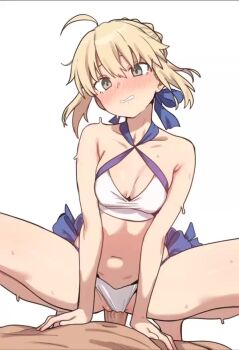 1boy 1girl ahoge animated artoria_pendragon_(fate) artoria_pendragon_(swimsuit_archer)_(fate) artoria_pendragon_(swimsuit_archer)_(first_ascension)_(fate) audible_internal_cumshot bikini blonde_hair bouncing_breasts braid braided_bun breasts cleavage cowgirl_position criss-cross_halter cum cum_in_pussy ebora fate/grand_order fate_(series) girl_on_top green_eyes hair_bun halterneck hetero nipples penis sex short_hair small_breasts sound straddling sweat swimsuit tagme uncensored vaginal video white_background white_bikini