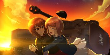 2girls black_jacket brown_eyes brown_hair closed_eyes cloud cloudy_sky girls_und_panzer happy highres hug jacket kuromorimine_school_uniform looking_at_another military_vehicle motor_vehicle multiple_girls nishizumi_maho nishizumi_miho outdoors school_uniform shiina_excel short_hair siblings sisters skirt sky sun sunset tank upper_body white_skirt
