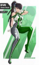 Rule 34 | 1girl, black hair, blunt bangs, bodysuit, breasts, brown eyes, character name, commentary, copyright name, english commentary, eve (stellar blade), feikyart, full body, gloves, green background, green bodysuit, highres, invisible chair, long hair, looking at viewer, medium breasts, multicolored bodysuit, multicolored clothes, parted lips, planet diving suit (7th) (stellar blade), ponytail, projected inset, silver bodysuit, simple background, sitting, skin tight, sleeveless, sleeveless bodysuit, smile, solo, stellar blade, tight clothes, two-tone background, very long hair, white background, white bodysuit