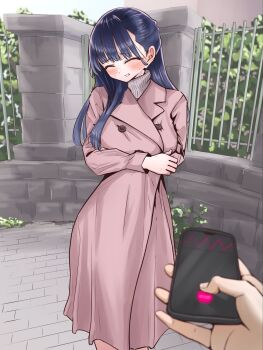 1girl 1other black_hair blush boku_no_kokoro_no_yabai_yatsu cellphone clenched_teeth closed_mouth coat commentary_request fence grey_coat highres holding holding_phone long_hair long_sleeves m2bou outdoors paid_reward_available phone pov pov_hands smartphone solo_focus standing sweater teeth turtleneck turtleneck_sweater winter_clothes winter_coat yamada_anna