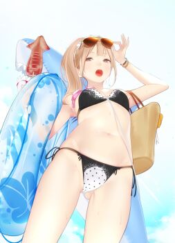 1girl :o adjusting_eyewear ama_mitsuki arm_up armpits bare_shoulders bikini black_bikini bracelet breasts brown_eyes brown_hair collarbone commentary_request eyewear_on_head female_focus food from_below gluteal_fold groin hand_on_eyewear highleg highleg_bikini holding holding_food inflatable_shark inflatable_toy innertube jewelry long_hair looking_at_viewer navel open_mouth original revision side-tie_bikini_bottom side_ponytail skindentation small_breasts solo squid stomach string_bikini sunglasses swim_ring swimsuit thighs wet
