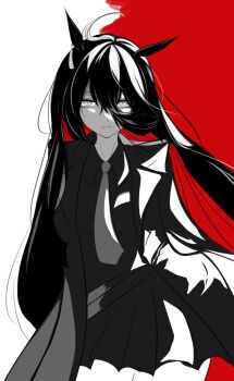 1girl absurdres ahoge animal_ears belt black_hair coat collared_shirt colored_inner_hair commentary_request ear_ornament ear_tag earrings hair_between_eyes highres horse_ears horse_girl jewelry long_bangs long_hair long_hair_between_eyes long_sleeves looking_at_viewer manhattan_cafe_(umamusume) multicolored_hair necktie open_clothes open_coat parted_lips pleated_skirt red_hair shirt single_earring skirt solo spot_color umamusume very_long_hair yellow_eyes zhi_zhu_zhu_zhu_zhu