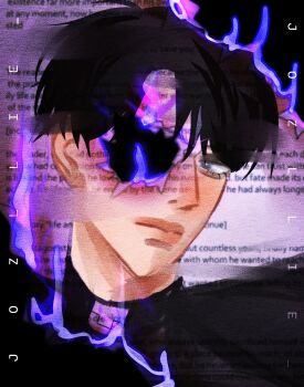 1boy aegyo_sal belt_collar black_eyes black_hair burning burning_paper collar commentary curtained_hair embers english_commentary fire gouged_eye highres jozllie looking_at_viewer looking_to_the_side male_focus omniscient_reader's_viewpoint portrait purple_fire serious short_hair solo source_quote symbolism yoo_joonghyuk yoo_joonghyuk_(999th_turn)