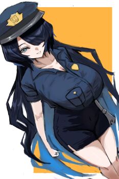 1girl black_hair blue_eyes blue_hair blue_shirt breasts erina_makina gogibahp hair_over_one_eye hat large_breasts phase_connect police police_hat police_uniform prosthesis prosthetic_arm shirt skirt virtual_youtuber