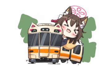 >_< 1girl animal_ear_fluff animal_ears black_jacket blue_archive blush brown_eyes brown_hair chibi collared_shirt commentary_request facing_viewer fox_ears fox_girl fox_tail hair_between_eyes halo izuna_(blue_archive) jacket medium_hair necktie open_mouth red_halo red_necktie shirt simple_background solo tail tigerbudcat train white_background white_shirt