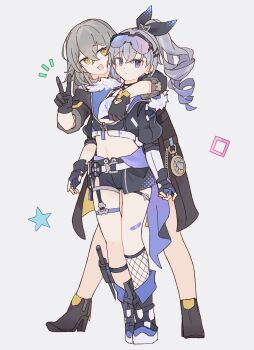 2girls absurdres bandaid bandaid_on_leg black_choker black_coat black_footwear black_gloves black_jacket black_ribbon black_shorts blue-tinted_eyewear blue_jacket boots chain choker closed_mouth coat crossed_bangs drill_hair drill_ponytail eyewear_on_head fingerless_gloves fishnet_socks fishnets full_body fur-trimmed_jacket fur_trim garter_belt gloves goggles goggles_on_head gold_chain gradient_hair grey_eyes grey_hair hair_between_eyes hair_ornament hair_ribbon hairpin hands_up high_heels highres honkai:_star_rail honkai_(series) jacket long_hair long_sleeves looking_at_another looking_at_viewer multicolored_hair multiple_girls navel open_clothes open_coat open_jacket open_mouth origami_gyokuo ponytail puffy_long_sleeves puffy_sleeves purple-tinted_eyewear purple_hair ribbon shirt short_shorts shorts silver_wolf_(honkai:_star_rail) simple_background smile socks square standing star_(symbol) stelle_(honkai:_star_rail) t-shirt tank_top tinted_eyewear trailblazer_(honkai:_star_rail) two-sided_coat two-sided_fabric two-sided_jacket v white_background white_shirt white_tank_top yellow_coat yellow_eyes zipper