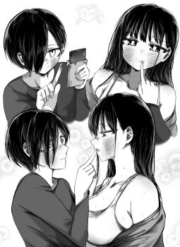 1boy 1girl ao_tanuki armpit_crease bare_shoulders blush boku_no_kokoro_no_yabai_yatsu breasts candy chocolate chocolate_bar cleavage closed_mouth collarbone dated dated_commentary finger_to_another&#039;s_mouth finger_to_mouth food food_on_hand from_side greyscale hair_over_one_eye hetero highres holding holding_food ichikawa_kyoutarou large_breasts long_hair long_sleeves looking_at_another looking_at_viewer mole mole_on_neck monochrome multiple_moles multiple_views off_shoulder profile ringed_eyes shirt short_hair simple_background sports_bra t-shirt twitter_username upper_body white_background wide-eyed yamada_anna