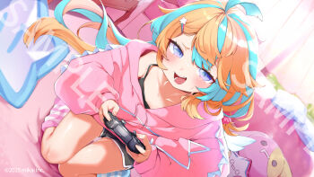 1girl amakawa_hano black_bra black_shorts blue_hair blue_socks bra breasts commentary_request controller dolphin_shorts furrowed_brow game_controller hair_ornament holding holding_controller holding_game_controller hood hood_down hoodie long_hair long_sleeves multicolored_hair no_shoes open_mouth orange_hair pink_hoodie pink_socks puffy_long_sleeves puffy_sleeves purple_eyes re:act sample_watermark shorts small_breasts smile socks solo star_(symbol) star_hair_ornament streaked_hair striped_clothes striped_socks two-tone_hair underwear utsusumi_kio virtual_youtuber watermark white_socks
