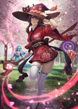 3girls aqua_(konosuba) artist_name bare_shoulders black_hair blonde_hair blue_eyes blue_hair breasts cat cherry_blossoms choker commentary darkness_(konosuba) day english_commentary grass hair_between_eyes hat highres holding holding_staff holding_umbrella japanese_clothes kimono kono_subarashii_sekai_ni_shukufuku_wo! long_hair looking_at_viewer megumin multiple_girls open_mouth outdoors paid_reward_available path patreon_username ponytail red_eyes paid_reward_available road sandals small_breasts staff standing thighhighs tongue tree umbrella watermark witch_hat zarory zettai_ryouiki